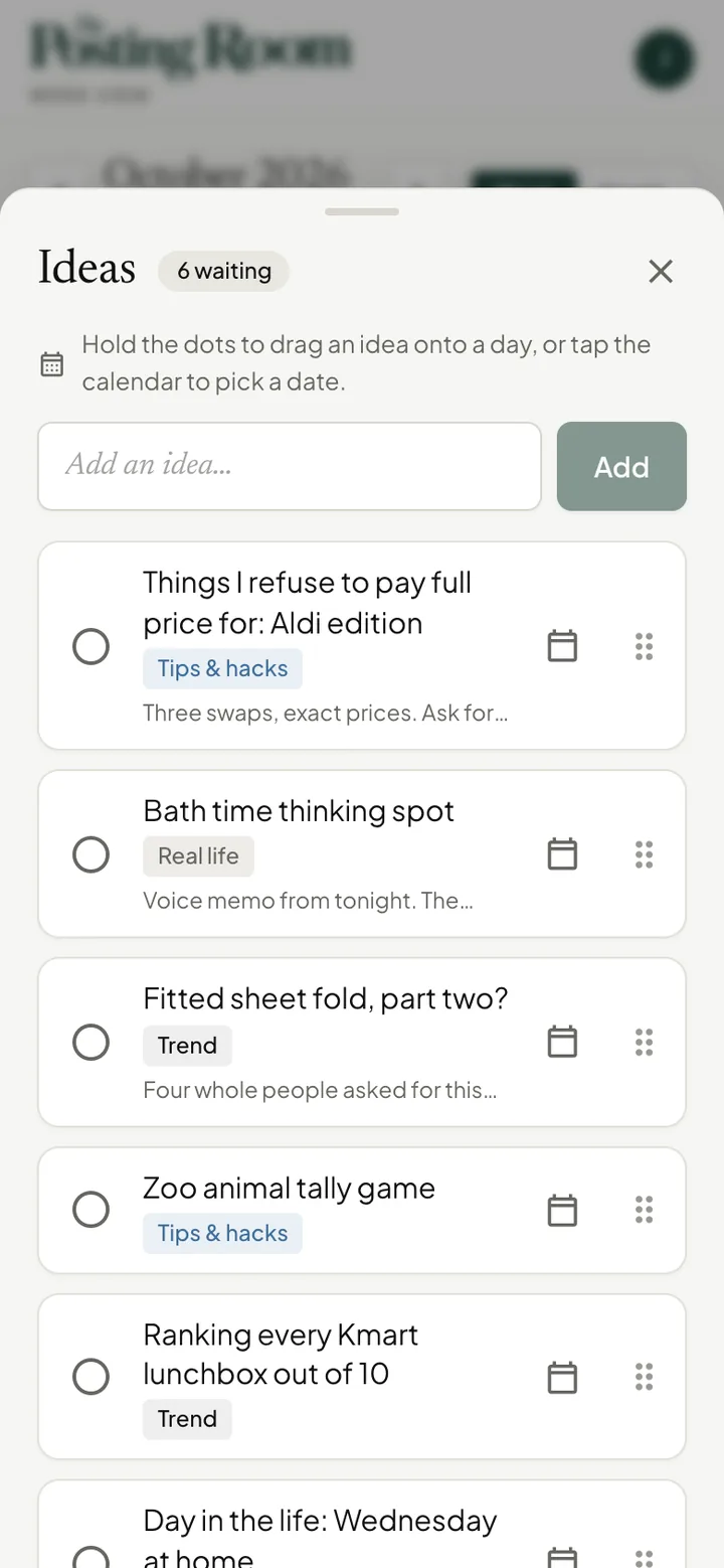 Ideas panel with saved thoughts and calendar buttons for scheduling them
