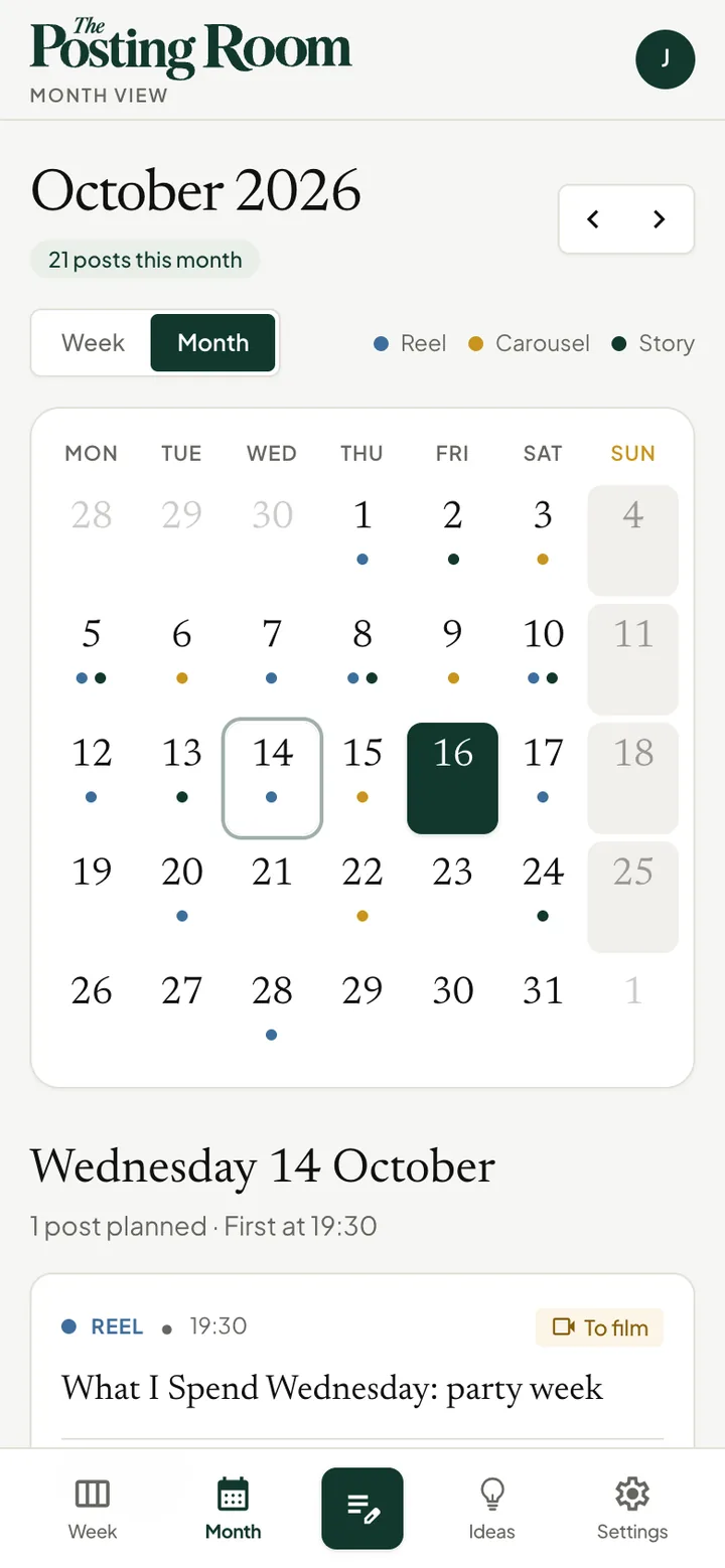 Example Month view with dates, format markers and posts for the selected day
