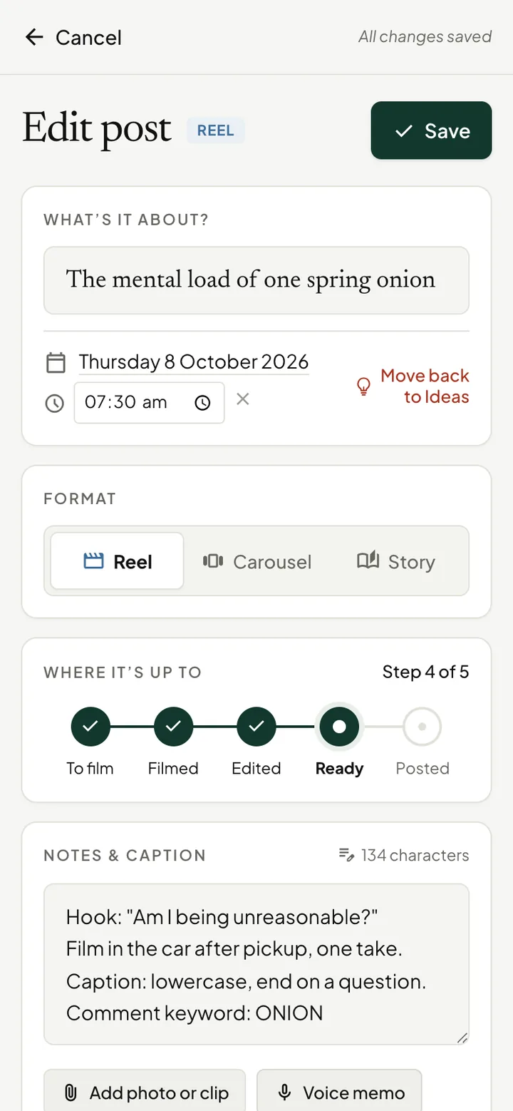 Example reel editor with title, progress stages, caption and notes